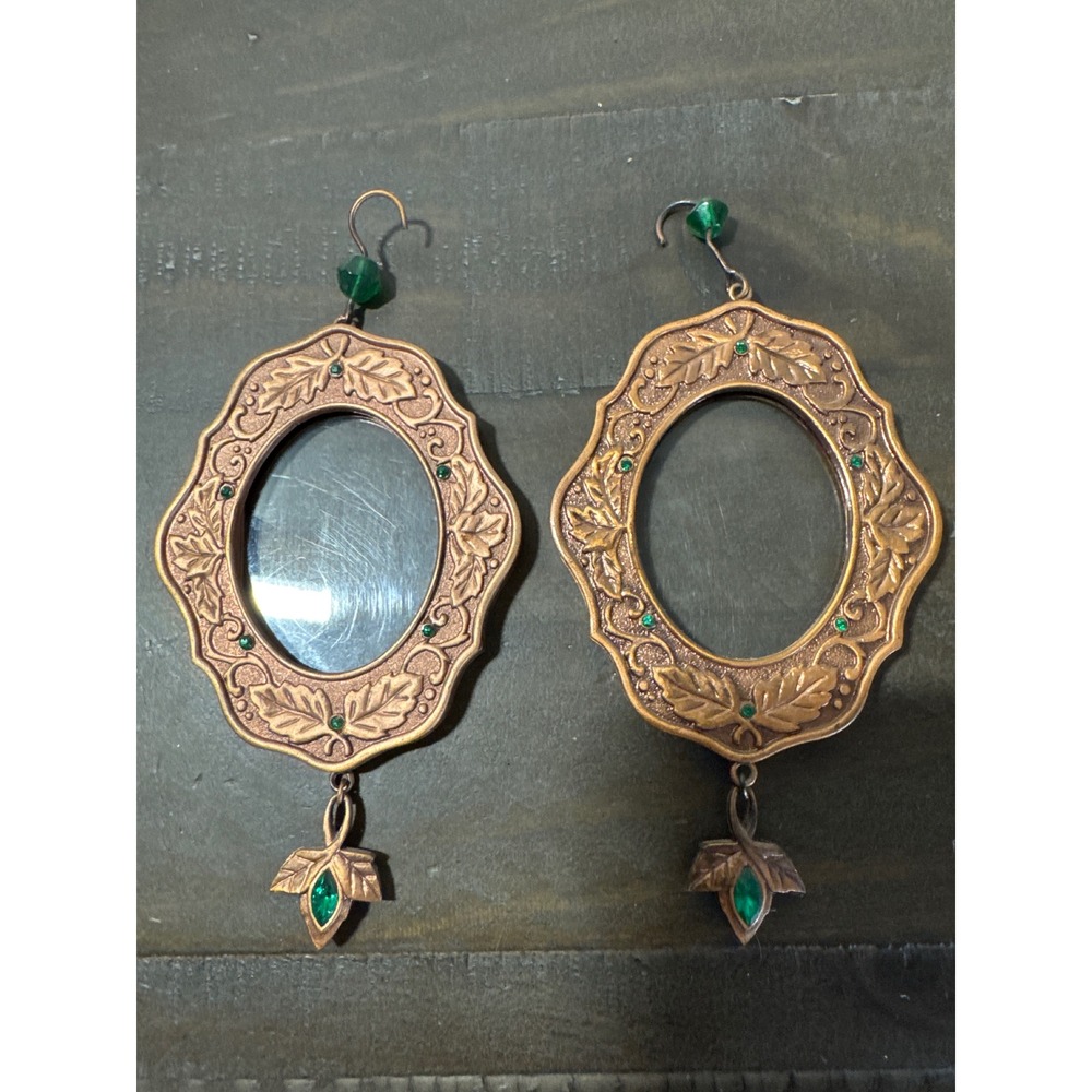 Vintage Copper Tone Leaf Photo Frame Christmas Ornaments Green Rhinestone Set 2